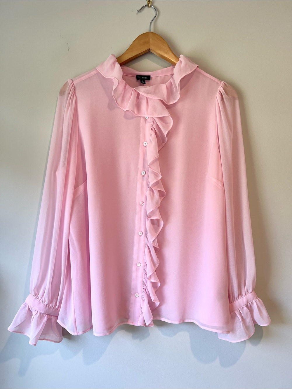 Talbots Pink Ruffle Neck Sheer Long Sleeve button down Blouse Top - Size L
